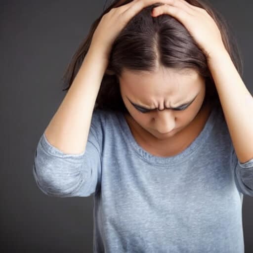 girl in gray shirt with heads in hands, looking distraught and struggling with treatment resistant depression